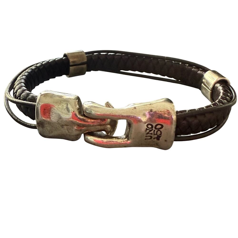 Uno de 50 Black Leather Silver Braided Bracelet